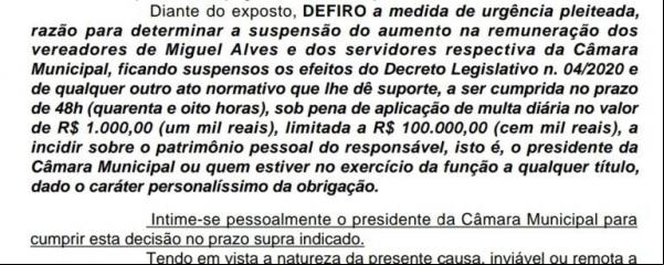 Justiça suspende reajuste salarial de vereadores e servidores da Câmara de Miguel Alves(Imagem:Reprodução)