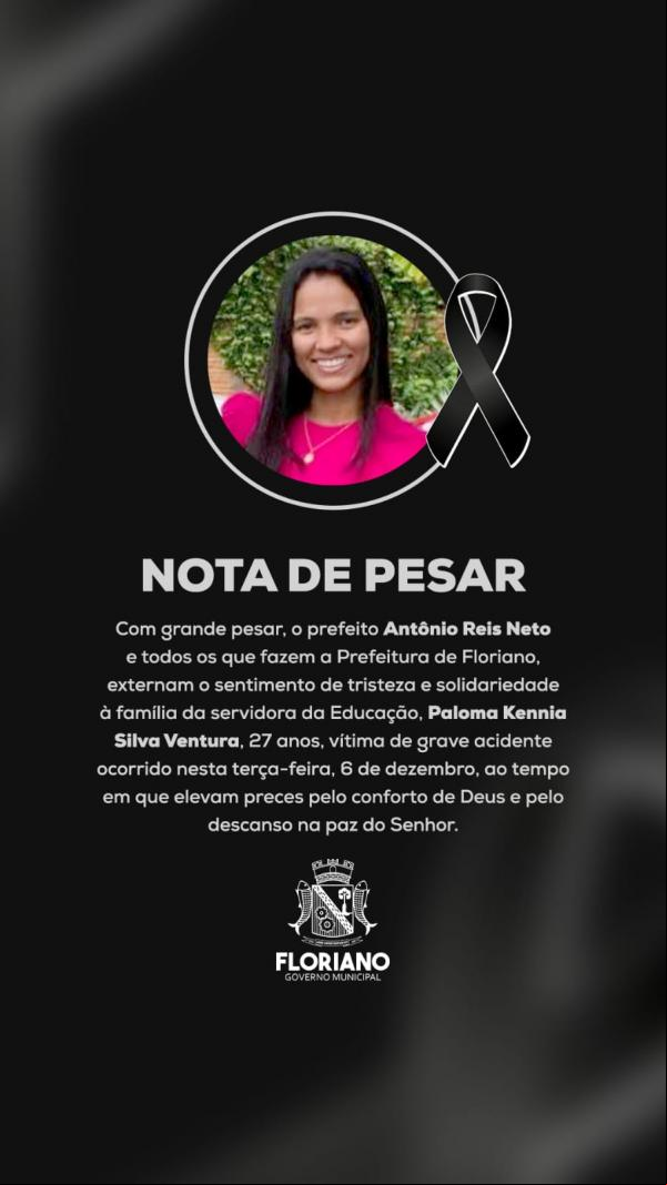 Prefeito de Floriano emite nota de pesar após morte de servidora municipal em acidente(Imagem:Divulgação)