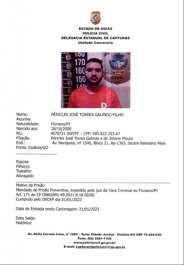 Péricles José foi preso no estado de Goiás.(Imagem:Divulgação)