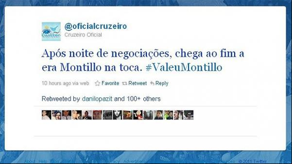 Twitter oficial do Cruzeiro foi invadido e colocou Montillo fora do clube mineiro.(Imagem:Reprodução / Twitter)