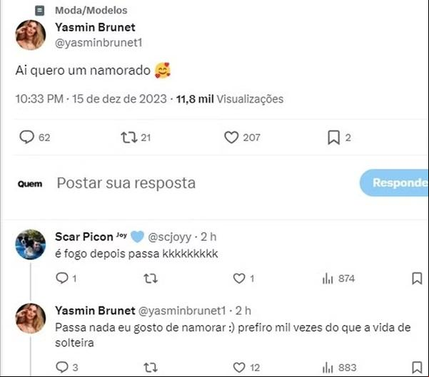 Yasmin Brunet desabafa sobre solteirice(Imagem:Reprodução/Twitter)