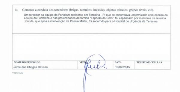 Trecho do relatório da partida que descreve agressão.(Imagem:Reprodução/CBF)