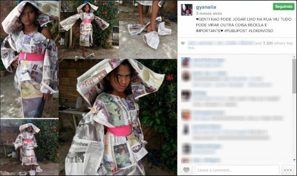 Gyanalia dando dicas de moda e reaproveitamento de produtos reciclaveis.(Imagem: Gyanalia/ArquivoPessoal)