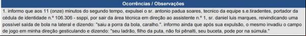 Árbitro relata xingamento de atleta após expulsão de campo.(Imagem:Divulgação)