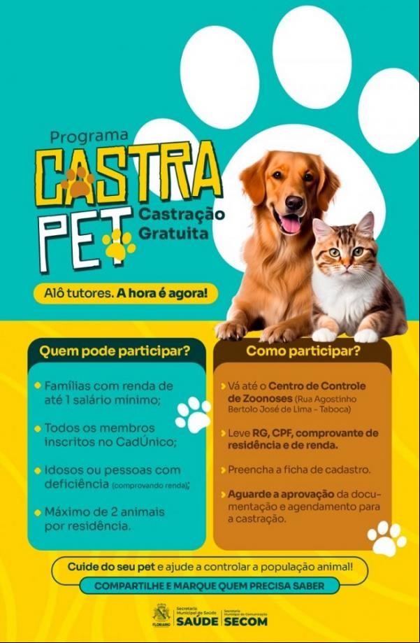 Prefeitura de Floriano lança programa Castra Pet para controle populacional de cães e gatos.(Imagem:Secom)