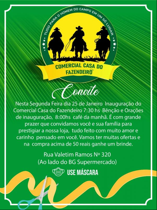 Inauguração do Comercial Casa do Fazendeiro acontece nesta segunda dia 25(Imagem:Divulgação)
