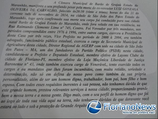 Câmara de Barão de Grajaú faz Moção de Pesar aos familiares de Gonzaga Carvalho.(Imagem:FlorianoNews)
