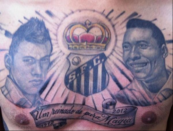 Torcedor fanático do Peixe tatuou os rostos de Neymar e Pelé no peito.(Imagem:Divulgação / Arquivo pessoal)