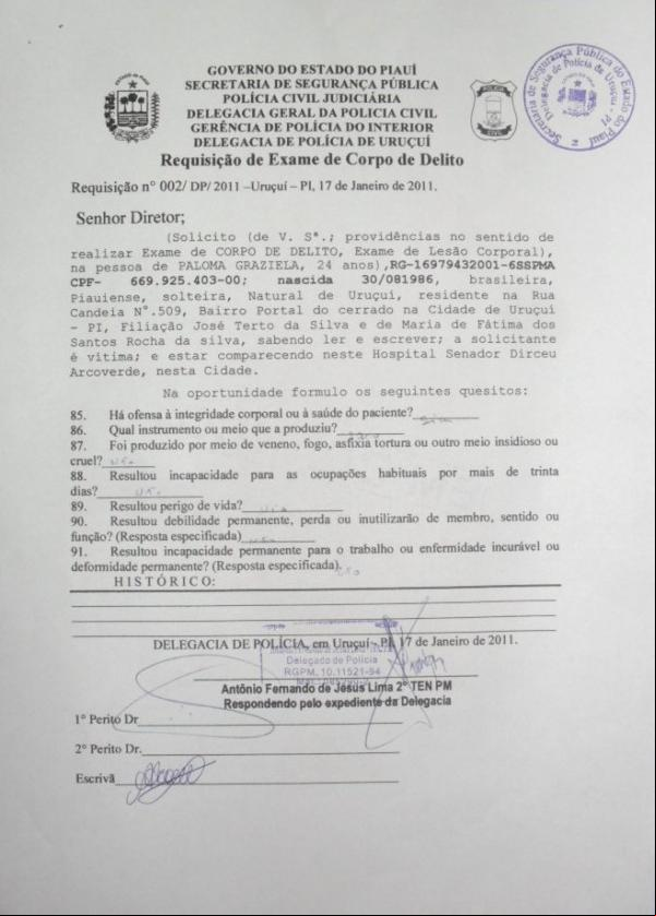 Exame de corpo e delito de Paloma Graziela.(Imagem:Noticias de Uruçui)