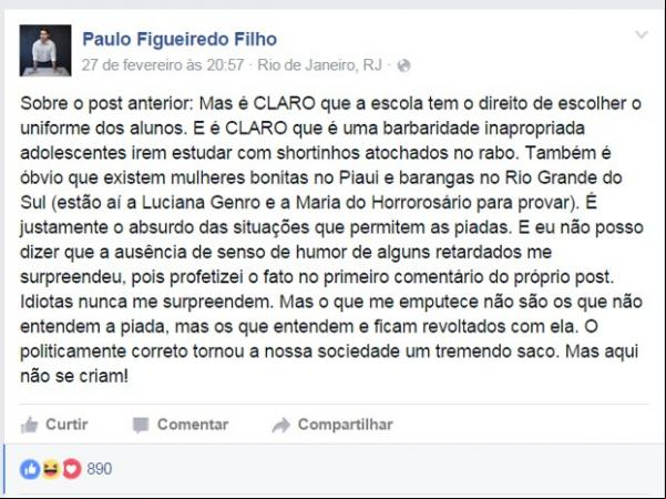 Paulo fez nova postagem explicando que texto que citou mulheres do PIau era uma brincadeira.(Imagem:Reprodução/TV Clube)
