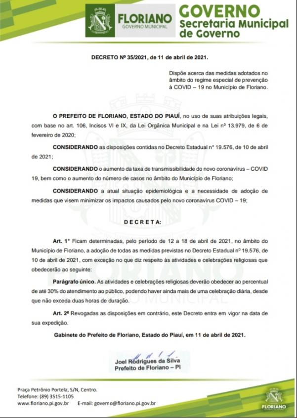 Floriano segue decreto estadual. mas edita medida diferenciada para as celebrações religiosas(Imagem:Divulgação)