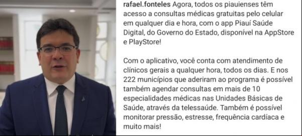 Rafael Fonteles anuncia o a consultas médicas gratuitas pelo celular.(Imagem:Reprodução)