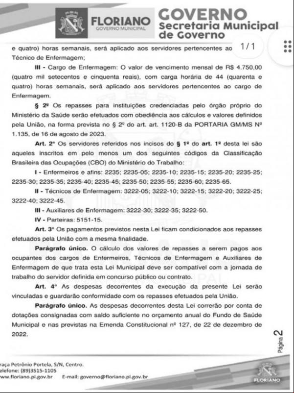Lei garante complemento do piso salarial da Enfermagem em Floriano(Imagem: Divulgação)
