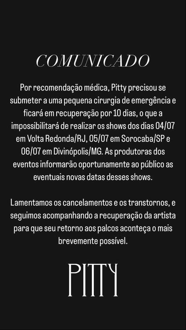 Pitty a por cirurgia de emergência e cancela shows(Imagem:Reprodução/Instagram)