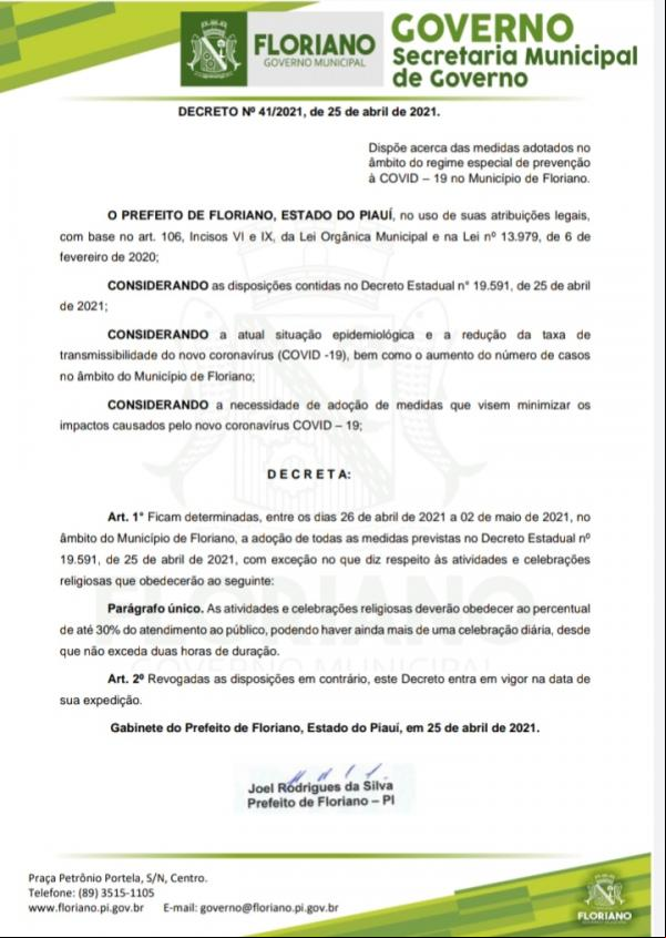 Floriano segue novo Decreto Estadual(Imagem:Reprodução)