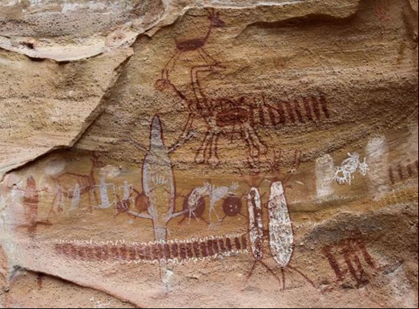 Pinturas rupestres na caverna da Serra da Capivara remonstam cenas de caça dos mais antigos de habitantes.(Imagem:Pedro Santiago/G1 )