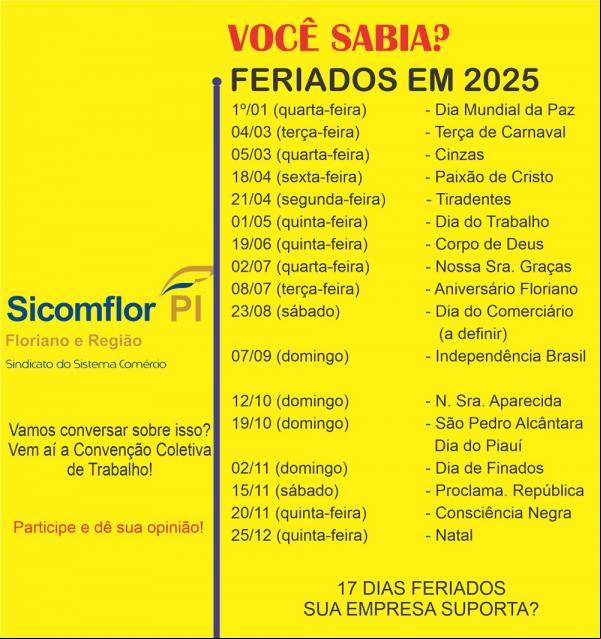 SICOMFLOR divulga calendário de feriados 2025 e reforça importância da Convenção Coletiva de Trabalho.(Imagem:Divulgação)