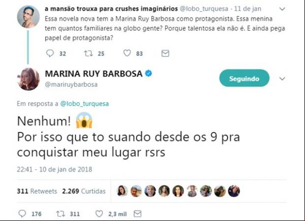 Marina Ruy Barbosa responde comentário de usuário de rede social.(Imagem:Reprodução/Twitter)
