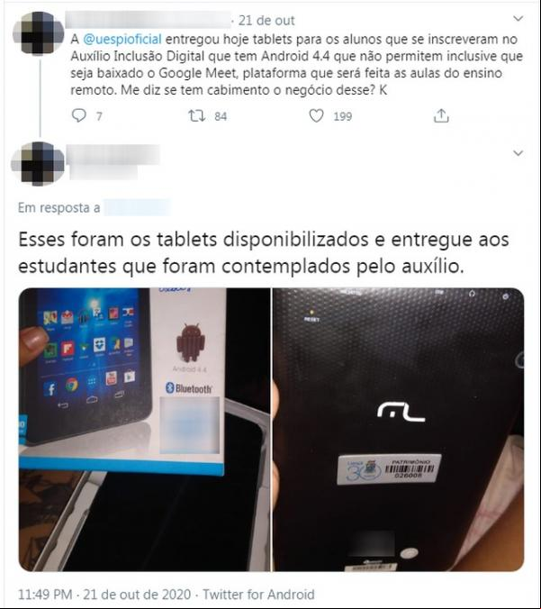 Nas redes sociais, estudantes relataram ter tido problemas com os aparelhos recebidos.(Imagem:Reprodução/Twitter)