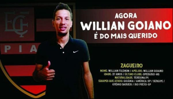 Willian Goiano é anunciado pelo Flamengo-PI nas redes sociais do clube.(Imagem:Reprodução/Facebook)