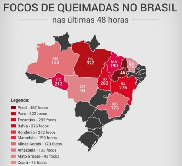 Piauí lidera ranking de queimadas no Nordeste com 460 focos de incêndio, diz INPE.(Imagem:INPE)