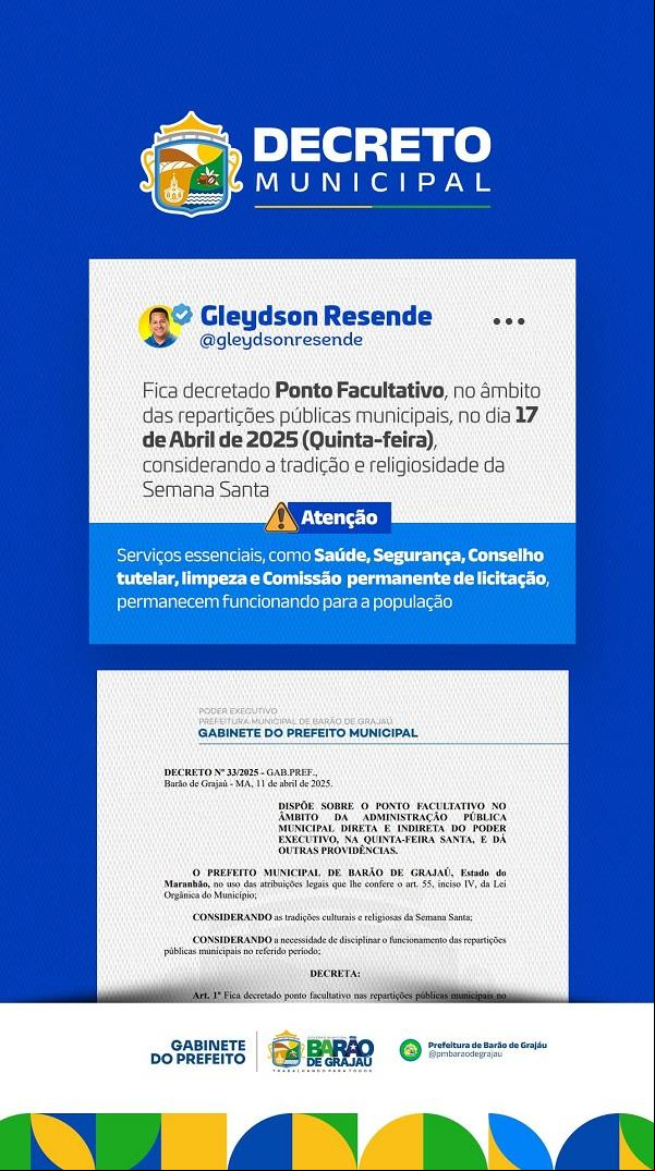  Prefeitura de Barão de Grajaú decreta ponto facultativo no dia 17 de abril em razão da Semana Santa.(Imagem:Divulgação)