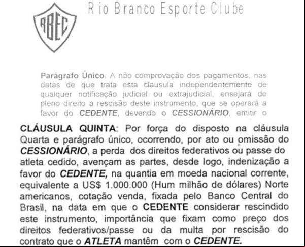 Cláusula do contrato que obriga o Flamengo a ressarcir o Tigre em caso de perda dos direitos.(Imagem:Reprodução)