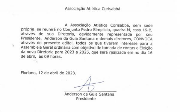 Associação Atlética Corisabbá convoca eleição para nova diretoria em Floriano.(Imagem:Divulgação)