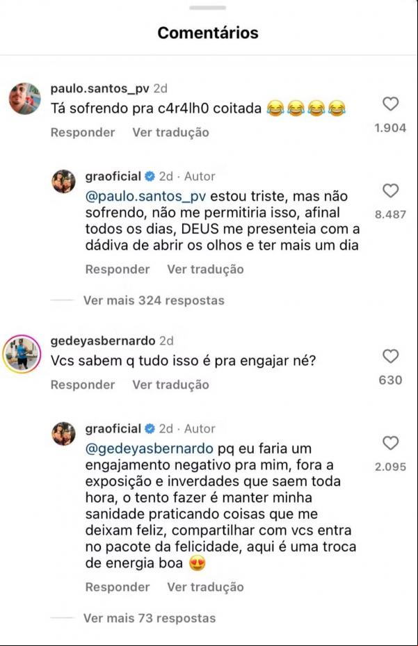 Comentários de Gracyanne Barbosa.(Imagem:Reprodução/Instagram)