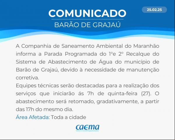 Barão de Grajaú terá interrupção no abastecimento de água nesta quinta-feira (27) devido a manutenção(Imagem:Divulgação)