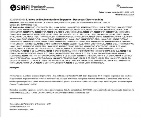 Comunicado do Siafi divulgado por UNE, ANPG e pelo presidente da Andifes.(Imagem:Reprodução/Twitter )