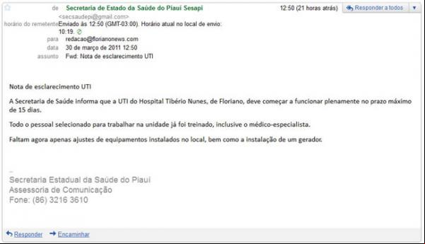Nota de esclarecimento UTI(Imagem:Email)