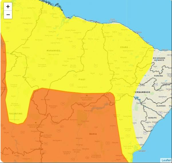 O Instituto Nacional de Meteorologia (Inmet) emitiu neste domingo (13) alertas amarelo e laranja de chuvas intensas para o estado do Piauí. O alerta tem duração de 24 horas. De a(Imagem:Reprodução)